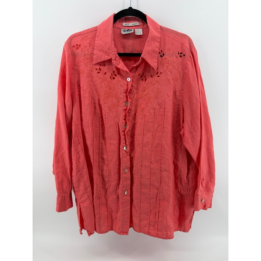 Edward... Woman, Floral Embroidered 100 % Irish Linen, Long Sleeve Blouse, 2X
